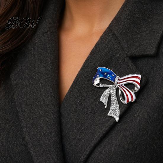Electroplated Bow Pin Independence Day Brooch Pin, Patriotic Rhinestone Lapel Sweater Long-lasting Alloy Cardigan Coat Suit Jewelry
