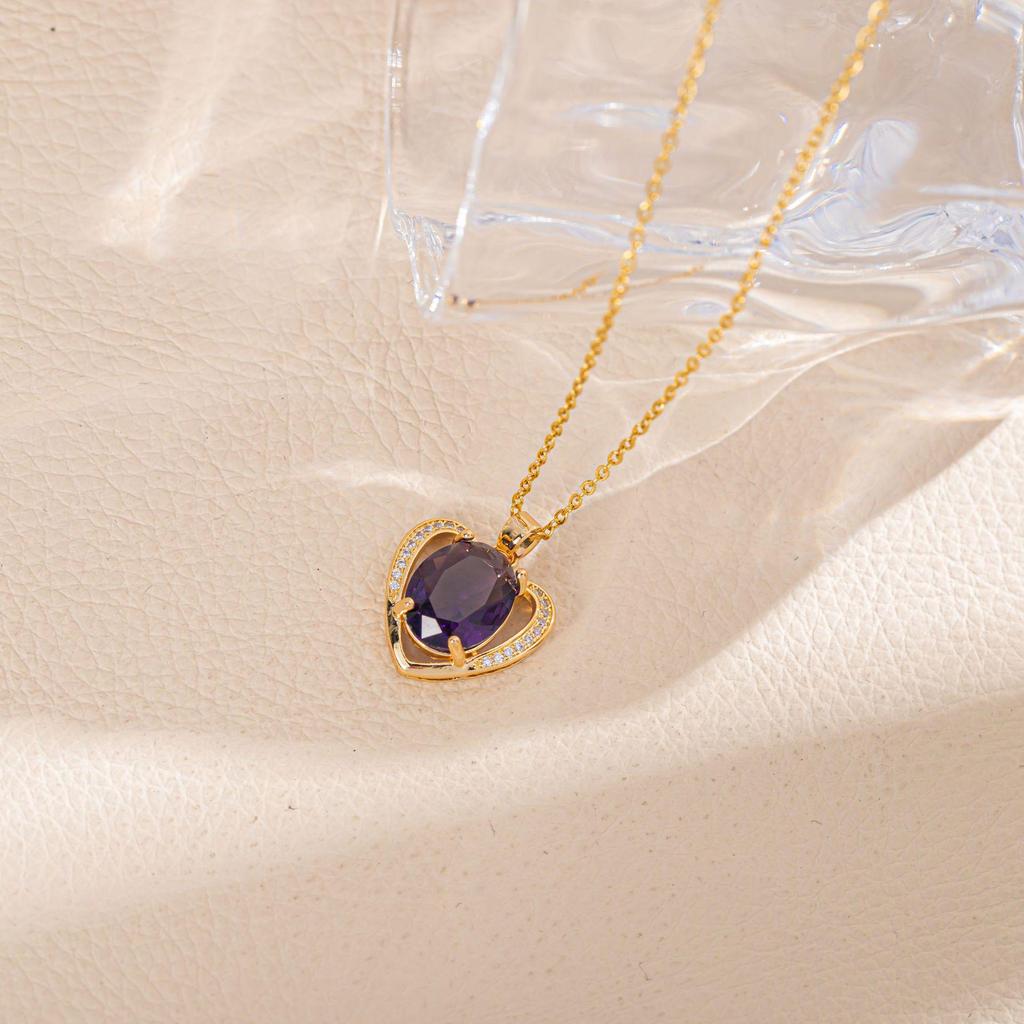 Simple Titanium Steel Necklace: European & American Style, Colorful Zircon Peach Heart Pendant, 14K Gold-Plated with Lasting Color.