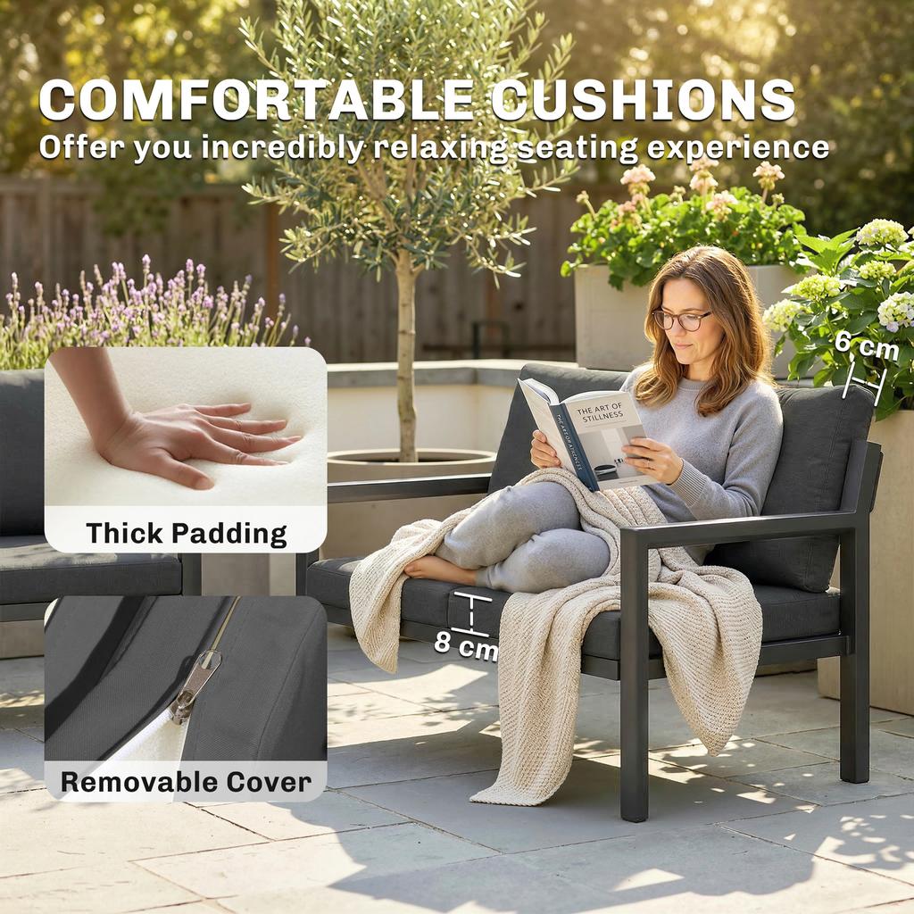 4 Seater Rattan Garden Furniture Set with 2 Armchairs, Loveseat, Coffee Table, Garden Sofa Set with Cushions, Dark Grey