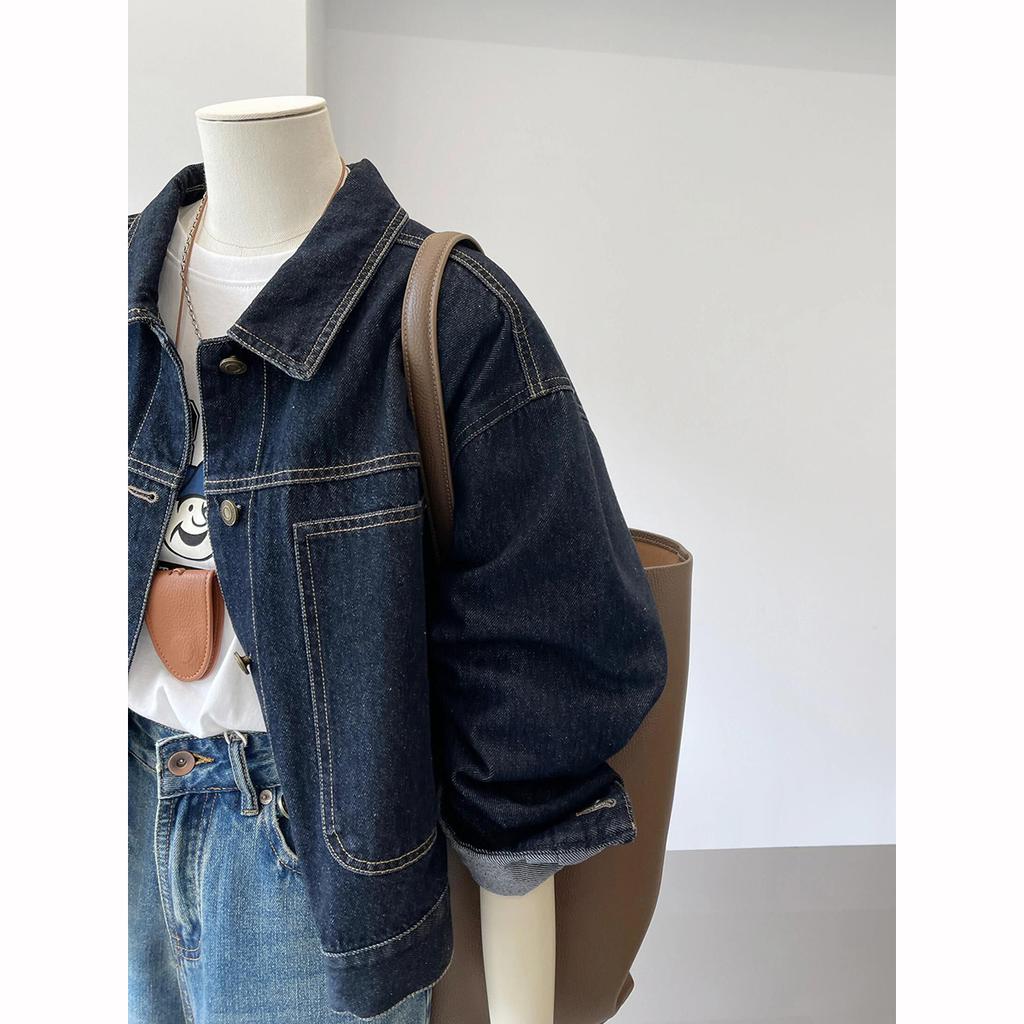 Short Denim Jacket Work Style Spring Fall Casual Pocket Thin Blouse