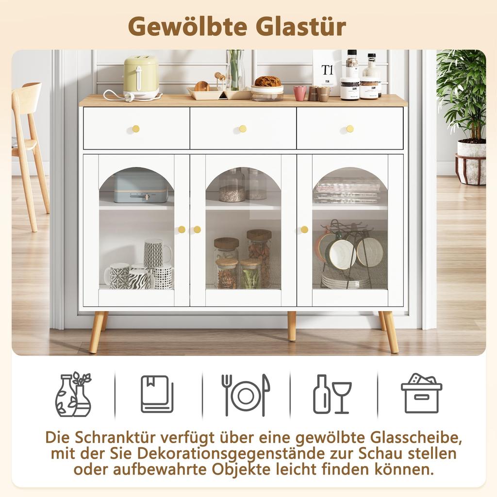 Buffet Sideboard 3 Glastüren & 3 Schubladen, Elegant Küchenschrank Kommode Flurschrank Stauraum, Wohnzimmer Esszimmer, 120cm, Weiß & Holzfarbe