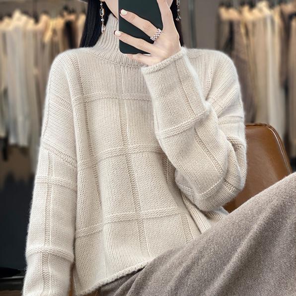 Autumn and Winter Short Sweater Women's Half High Neck Loose Solid Color Knitted Sweater Lazy Style Casual Pullover
