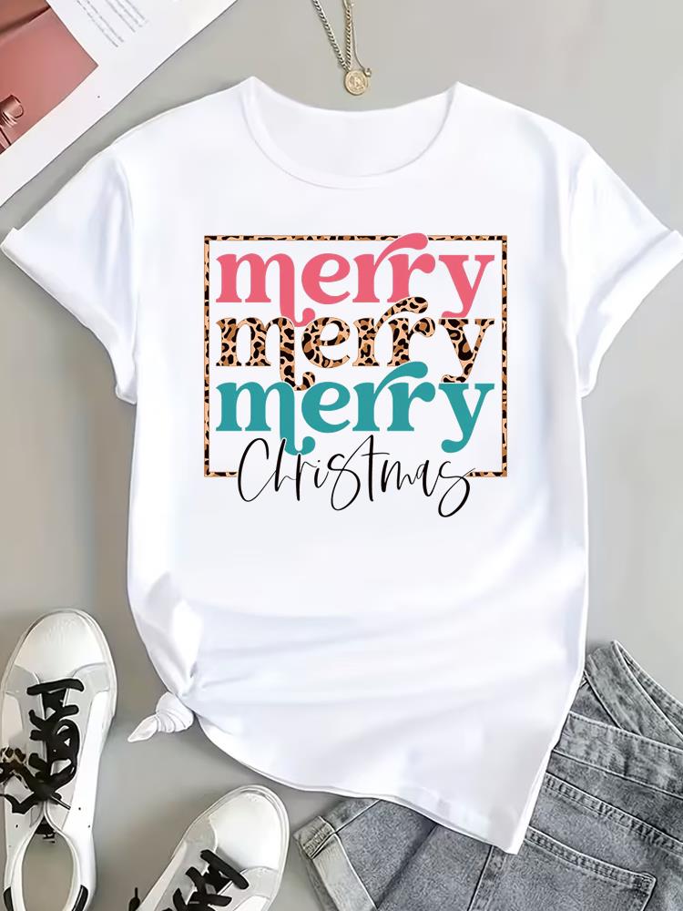 (Asian Size) Trend Letter Cute Tee Top Print New Year Clothing T Shirt Women Fashion Christmas Festival Woman Short Sleeve Graphic T-shirts