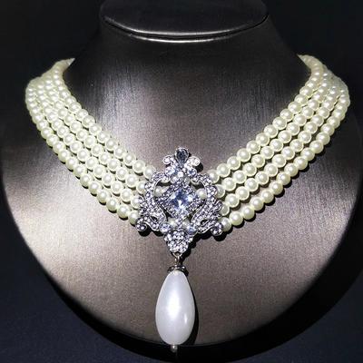Pearl Short Necklace, Women'S Retro Fashion Versatile Multi-Layer Neck Chain Crystal Gemstone Women'S Accessories