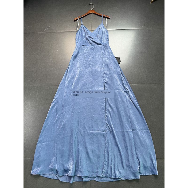 

American Single Lulu * Sling A- line Large Hem High Waist High Slit V Neck Dress Silk Texture Light Dress Large Dress Blue Long Dress S