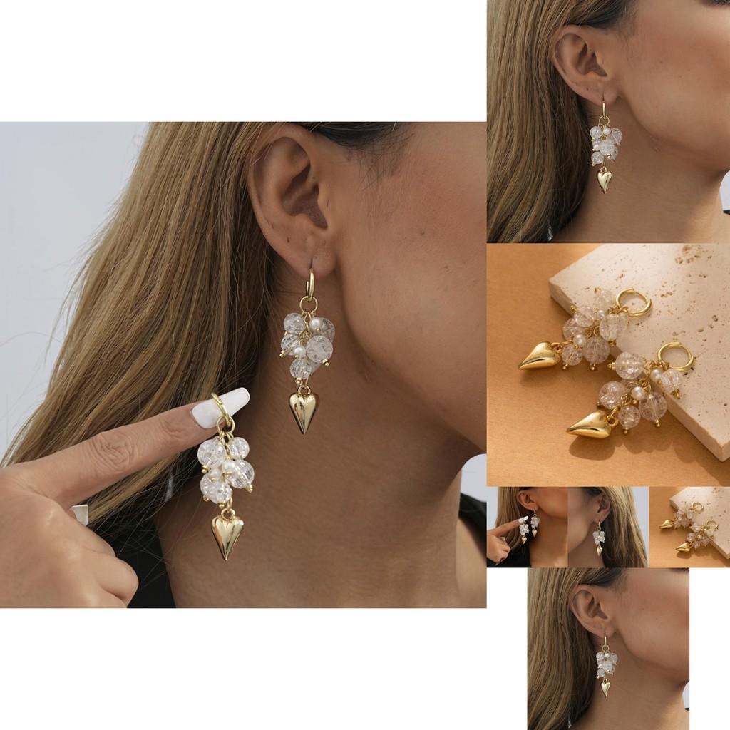 Chic Heart And Bead Hoop Earrings Versatile Gold Alloy Jewelry For Women