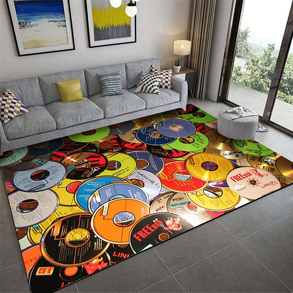 Record Area Rug CD Card Living Room Rugs Vintage Disc Print Decor Doormat Music Theme Carpet Non Slip Soft Indoor Floor Mat