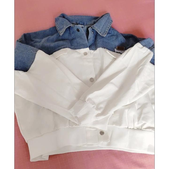 Giacca in denim alla moda da donna con colori a contrasto, cappotto patchwork primaverile-autunnale