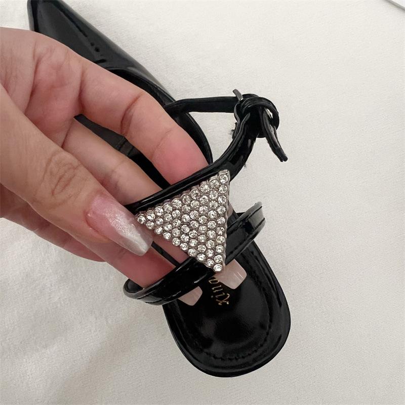 Temperament rhinestone pointed black high heels niche design sense one-word buckle bag head sandals women