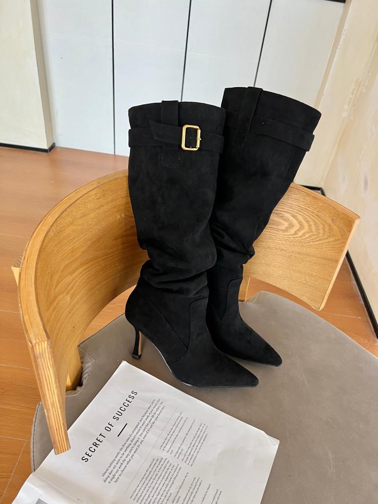 

Универсальные узкие сапоги с ворсом, остроносые сапоги на тонком каблуке, женские сапоги до колена с узором «майяр» 36