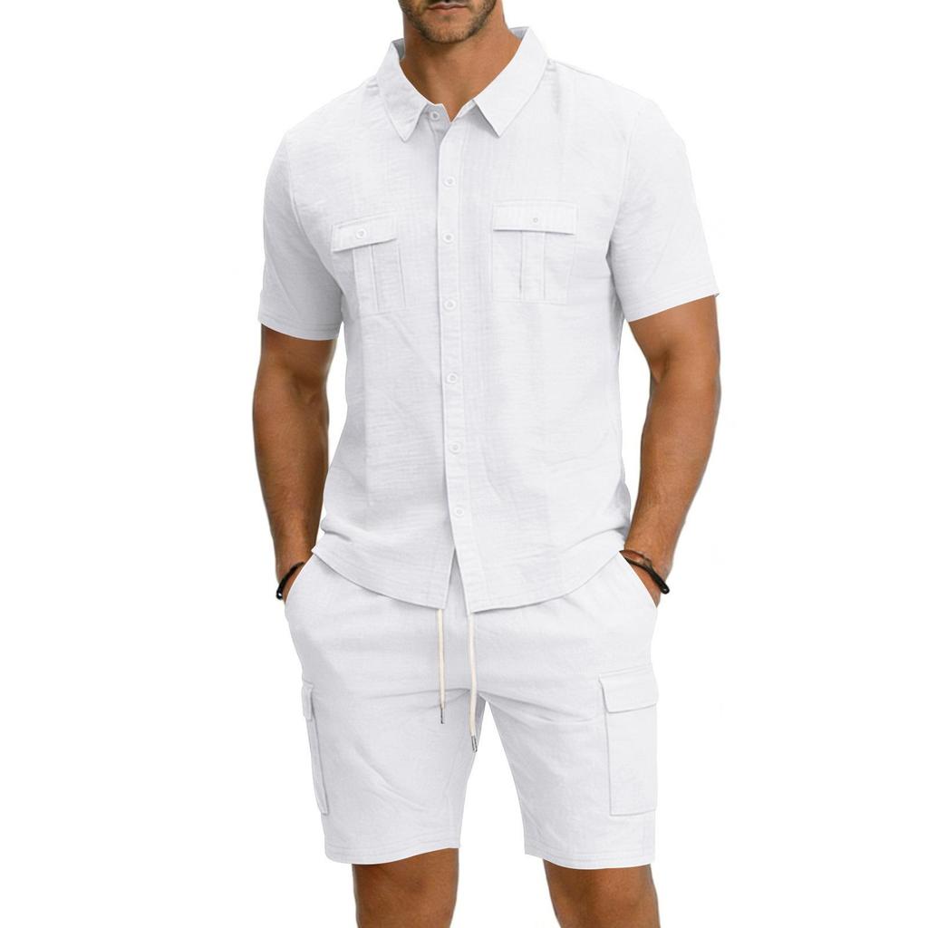 Men's Linen Solid Color Casual Holiday Shirt and Shorts Set