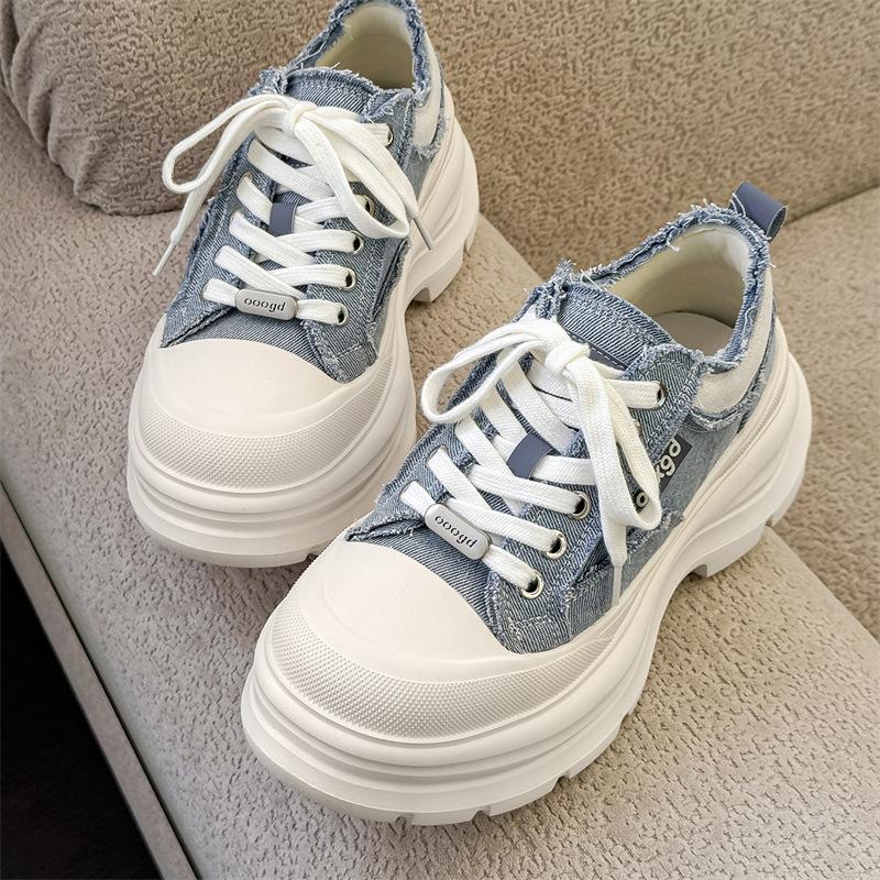 

Thick-soled heightening canvas shoes round head low-top lace-up casual muffin dad shoes 44 синій