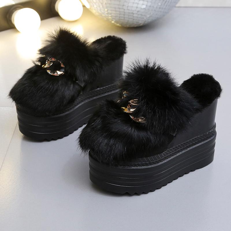 Slim Women's Slim Slippers Wedge Water Diamond Inner Elevated Thick Sole Shoes Women's Autumn and Winter Shoes Fur Plush Fashion