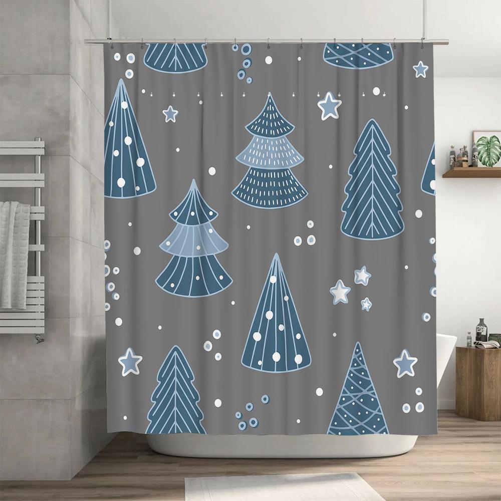 Christmas Shower Curtain Christmas Tree Decorative Print Waterproof Bathroom Rug Home Decoration 72 Inch Long Blue Gray Shower C