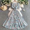 French Retro Coffee Break Floral V-neck Short-sleeved Dress for Women's Summer Waist and Thin Ruffle Edge Big Swing Long Skirt