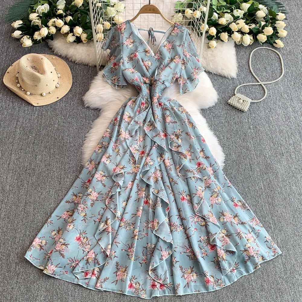 French Retro Coffee Break Floral V-neck Short-sleeved Dress for Women's Summer Waist and Thin Ruffle Edge Big Swing Long Skirt