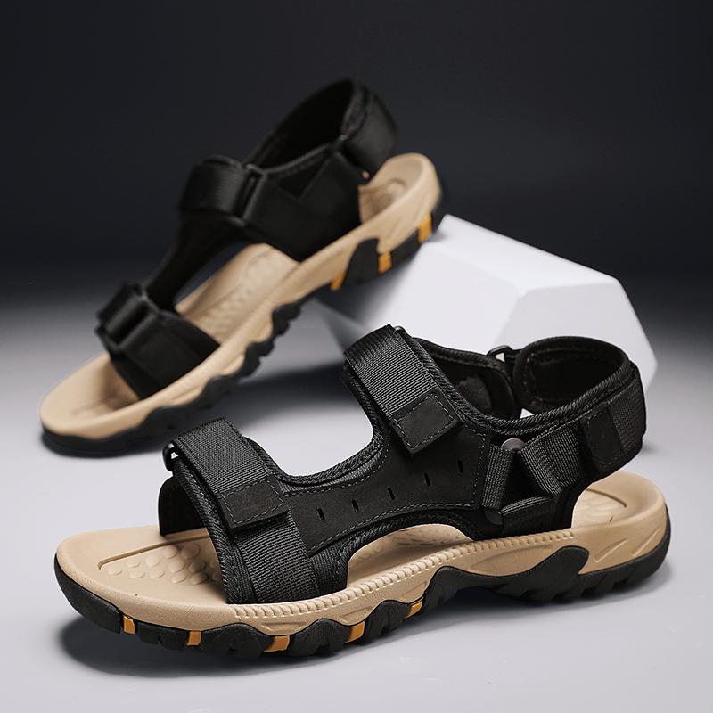 

Модные летние мужские сандалии из натуральной кожи, уличные римские сандалии, пляжные нескользящие повседневные легкие спортивные сандалии с открытым носком для мальчиков 39 чёрный