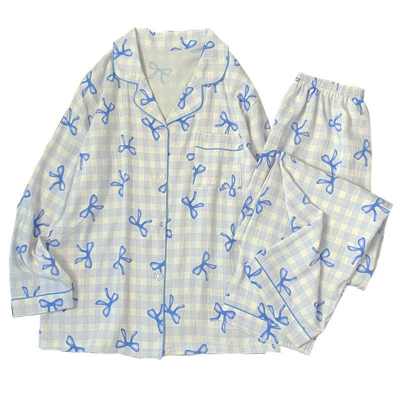 Spring And Autumn Cloud Cotton Plaid Pajamas Long Sleeves Long Pants Sweet Bow Cardigan Set Home Clothing Real Shoot