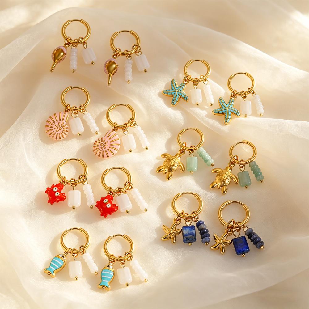 Ocean Series Conch Shell Starfish Fish Pendant Earrings for Women Natural Stone Charms Stainless Steel Waterproof Jewelry