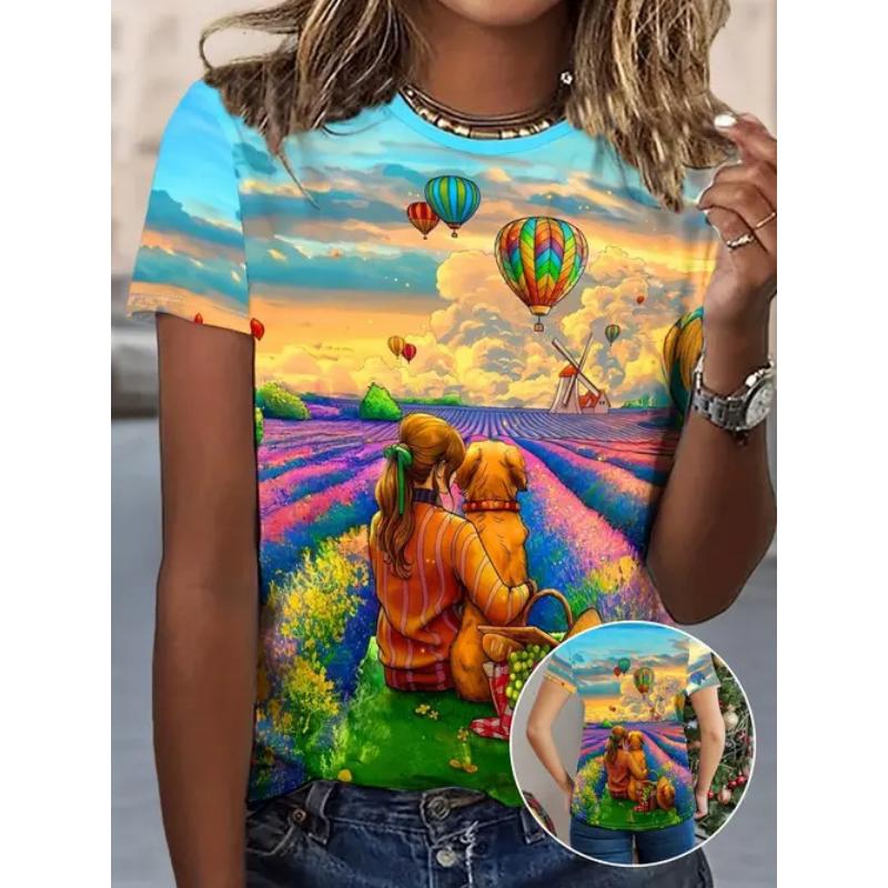 Fashion Women s Crew Neck Short Sleeve 3D Casual Color Printing Casual Short Sleeve Crew Neck T-Shirt XS