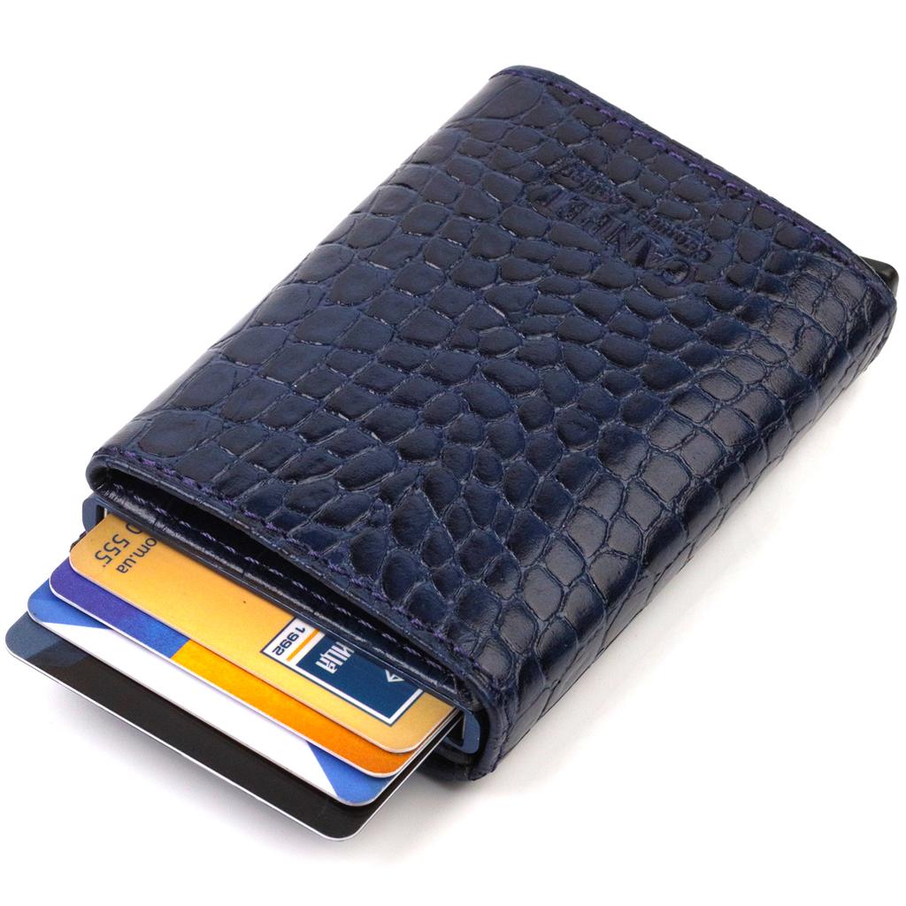 Kartenetui für Herren, dreifach faltbar mit automatischem Mechanismus, aus echtem Leder mit Krokodilprägung CANPELLINI 21935 Blau