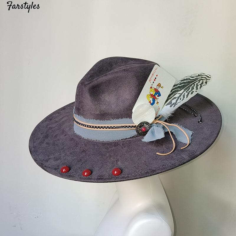 9.5 Cm Wide Brim Suede Hat for Men Women Feather Fedoras Flat Hat Jazz Hat Felt Hat Gentlemen Top Hats Fedora Sombrero Hombre