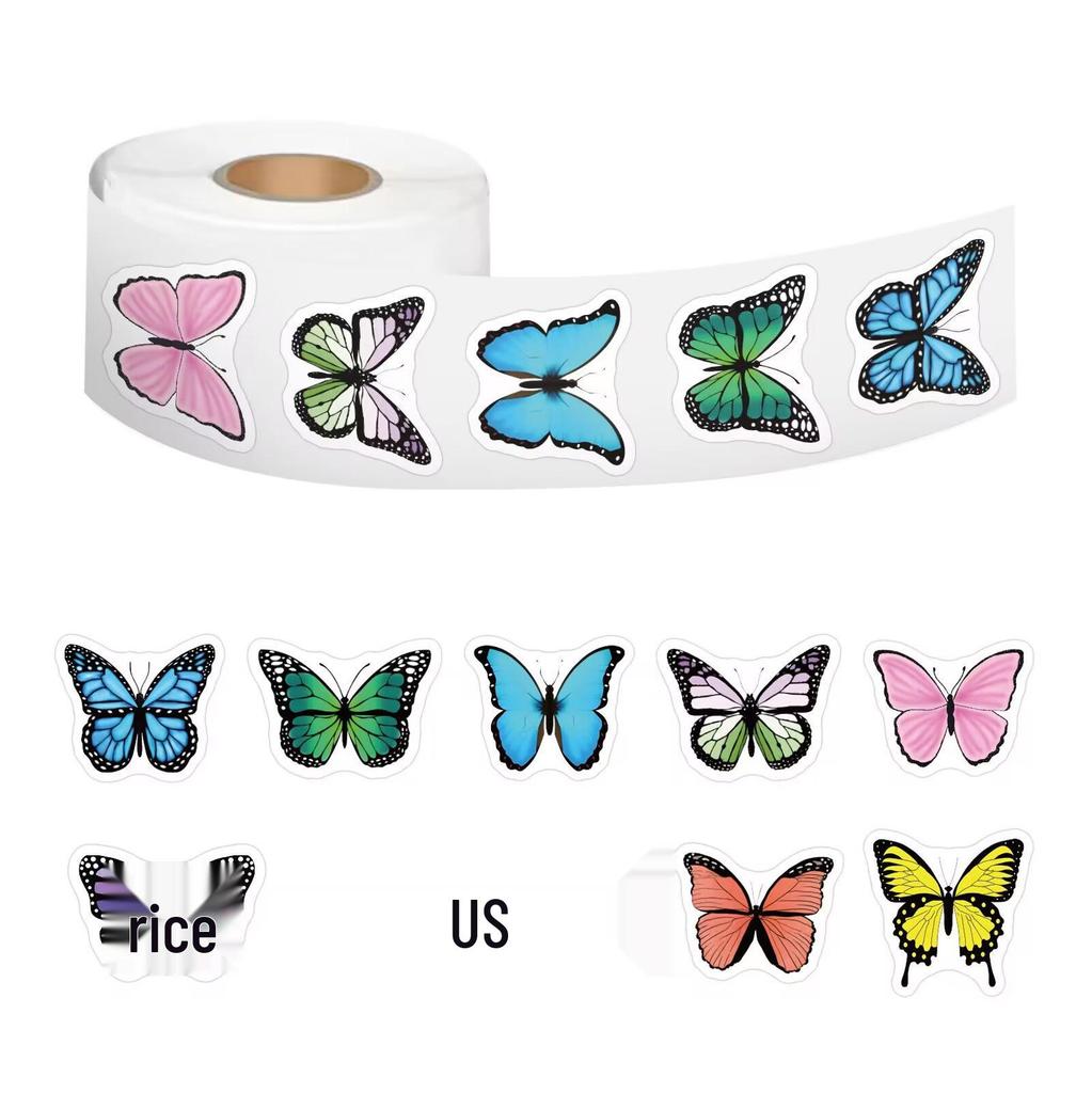 Cartoon Butterfly Adhesive Tape Stickers - 500 Sheets/Roll for DIY, Computer Desk Decoration, and Kids' Crafts.