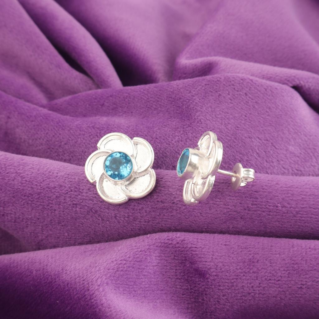 Boucles d'oreilles ethniques boho à clous rondes en topaze bleue suisse naturelle et argent 925, anniversaire EE-157-11