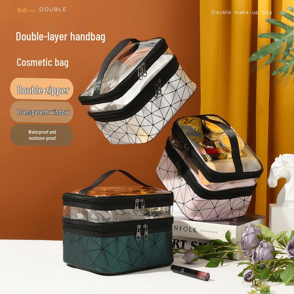 Women's Large PU Leather Double-Layer Makeup and Toiletry Bag - Portable & Multifunctional Lipstick Storage