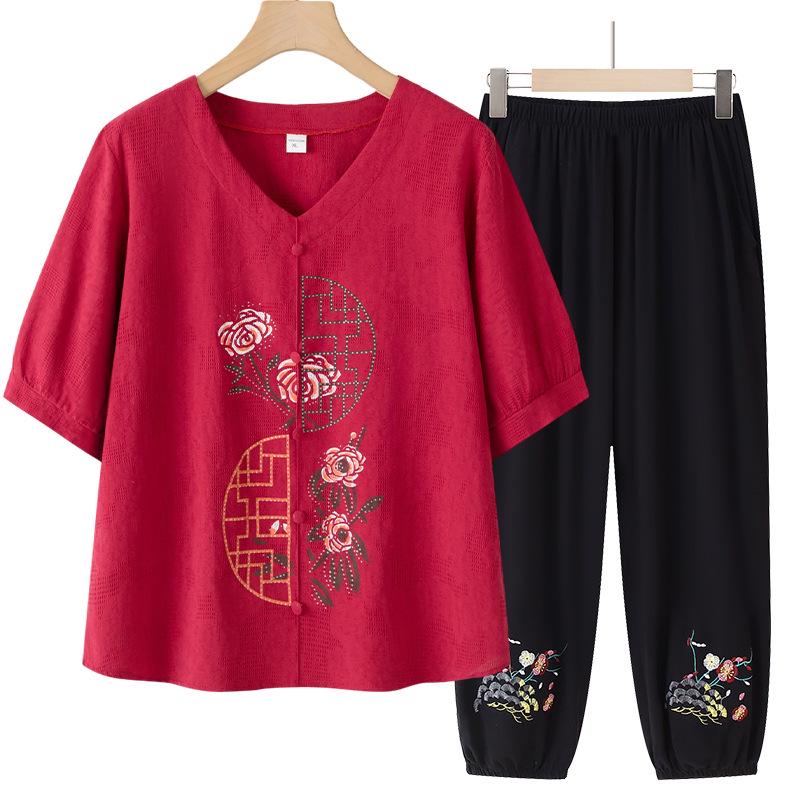 2026 New Summer Cotton Linen Suit: Stylish Short-Sleeved T-Shirt for Middle-Aged and Older Women