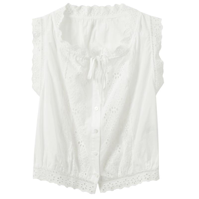 Sancai Women s Embroidered Cotton Sleeveless Tie-Front Top M