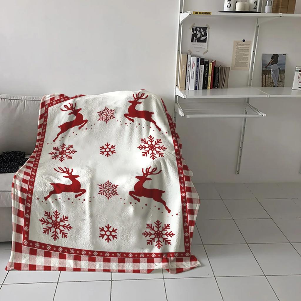 Christmas Snowflake Elk Plaid Throw Blanket for Sofa Christmas Decoration Bedspread Portable Microfiber Flannel Blanket