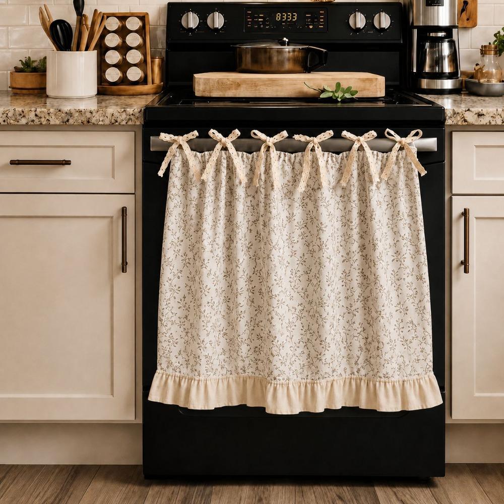 Cotton Linen Blend Bow Tie Oven Cover Curtain Coffee Machine Half Curtain Farmhouse Kitchen