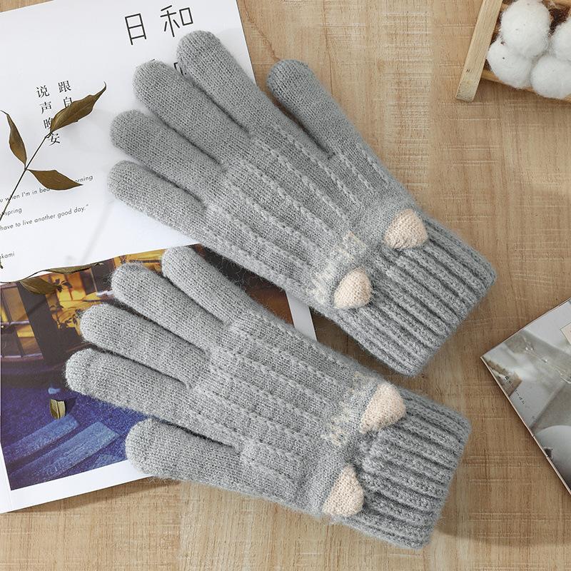 Korean Cat's Ears Cute Knitted Gloves Women Thickened Warm Touch Screen All Finger Gloves Soft Skin Friendly Splice Color Gloves