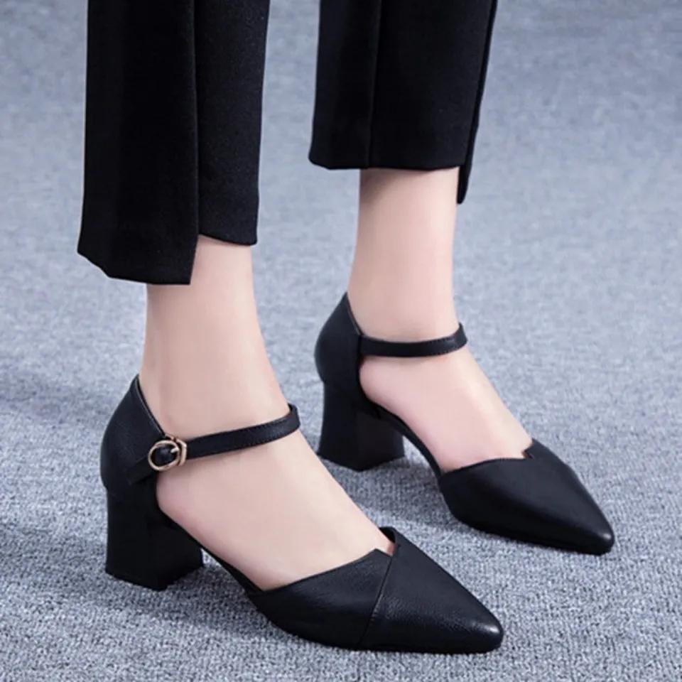 Women Cute Beige High Quality Office Career Square Heel Shoes Lady Sexy Party Elegant Black Buckle Shoes Ga85