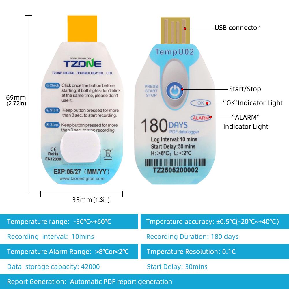 Temperature Data Logger USB Temp Record 18000 Data Capacity Temp Recorder Disposable Thermometer Logger for Cold Chain Fresh Tag