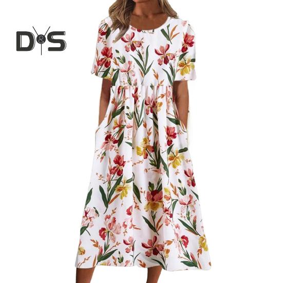 Women's Summer Short Sleeve Dress Casual Floral Print Round Neck Midi Dress with Pockets Flowy A-line Beach Sundress
