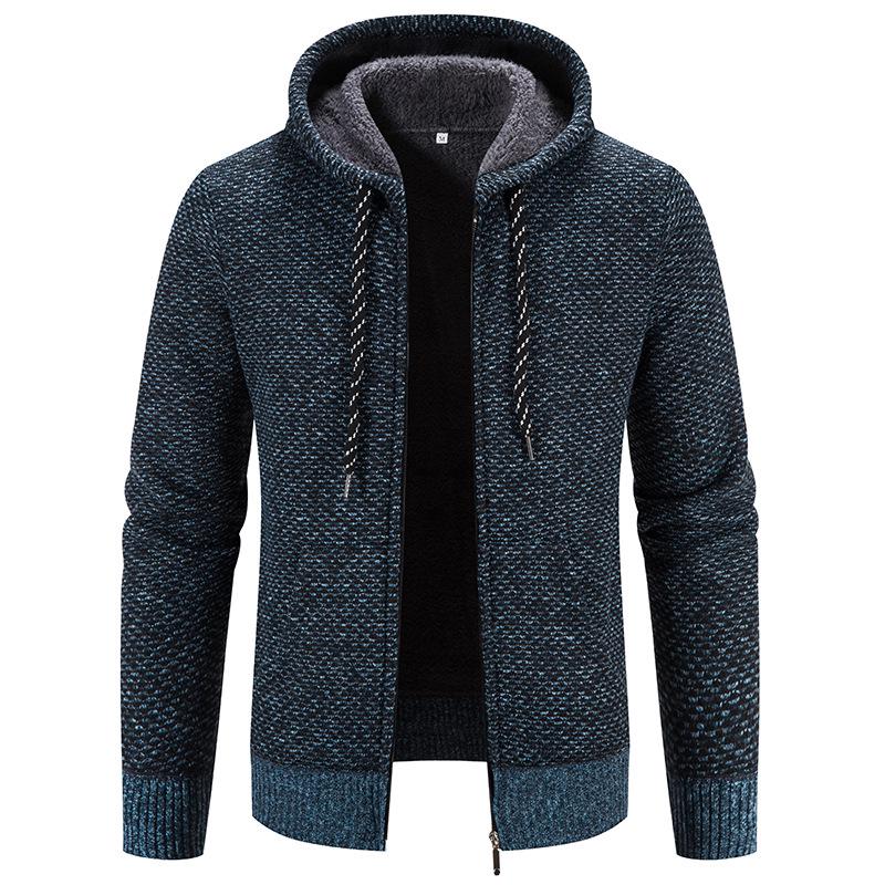 Men’s Hooded Knit Cardigan: Thick Velvet, Solid Color Winter Sweater Jacket