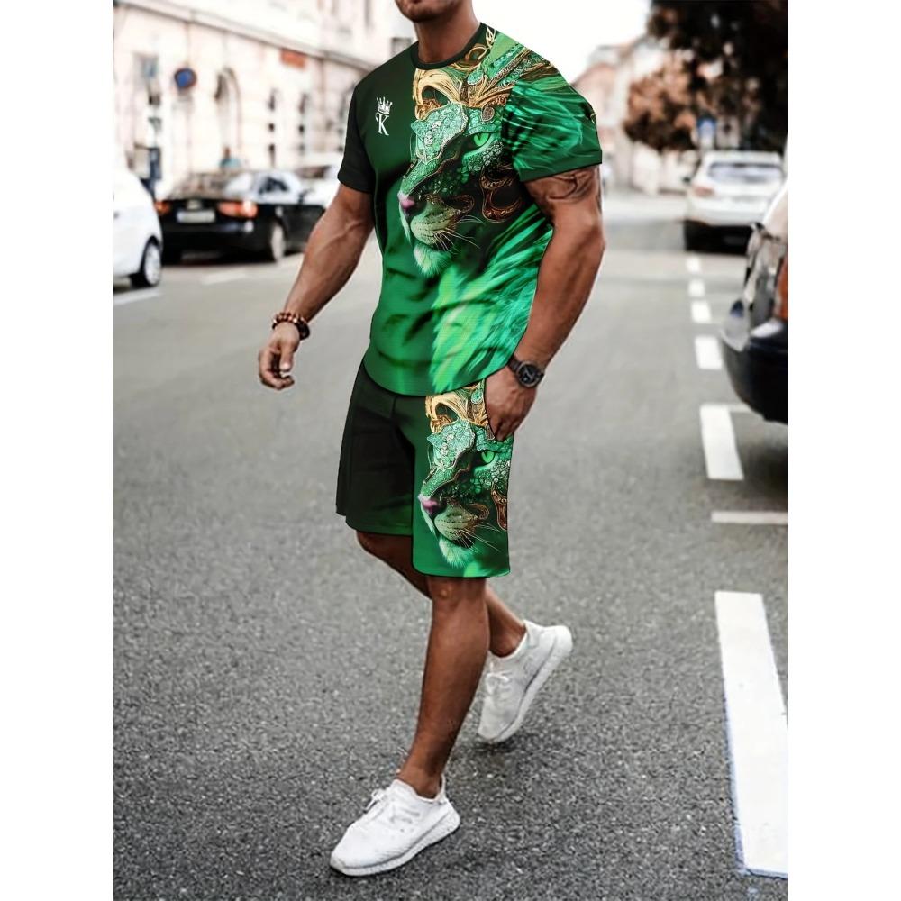 Funny 3D Cat Print Men's Sets Summer Casual O-neck Short Sleeve Tops Shorts 2 Piece Fashion Lion Pattern Suit T-Shirts Outfit