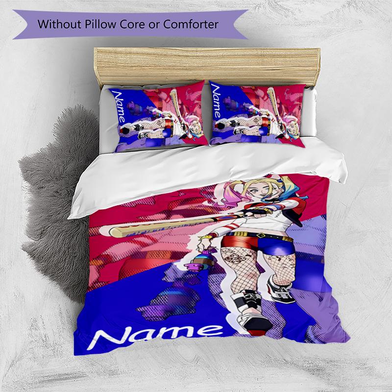 3pcs Custom Name Cartoon Harley Quinn Bedding Set Duvet Cover Closure Includes 1 Duvet Cover & 2 Pillowcases for All Seasons Bedroom Decor
