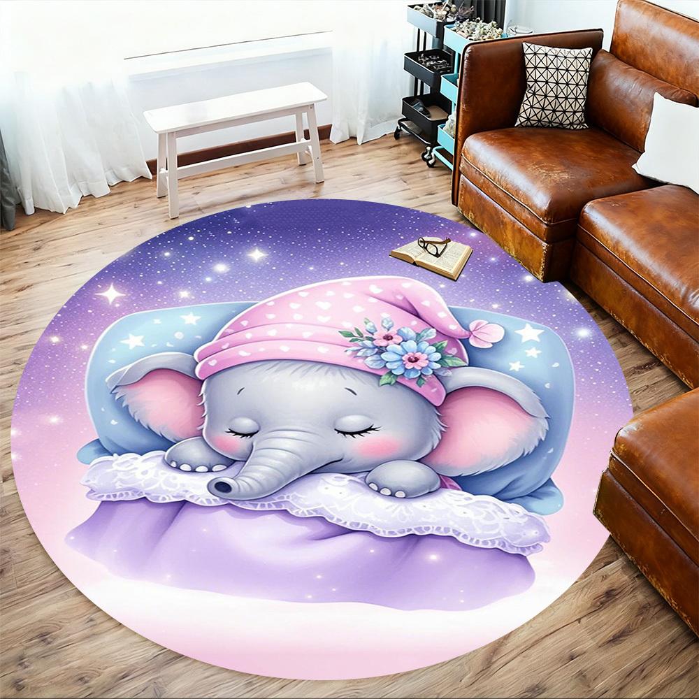 1PC Elephant Sleepy Nighttime Round Chair Mat Area Rug - Non-Slip, Floor Mat for Office, Bedroom, Home Decor Christmas Gift C0528004
