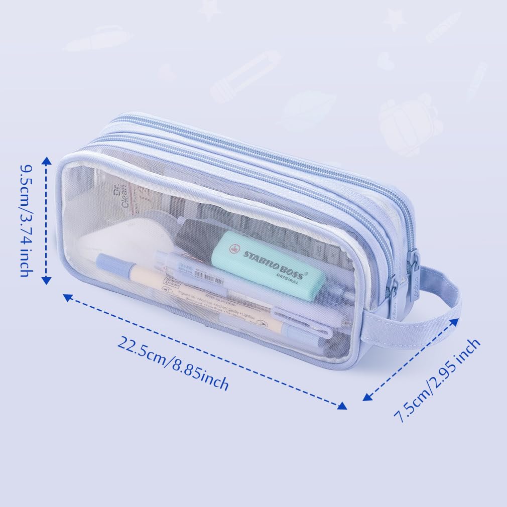 i Superb Triple Zipper Light Blue Pencil Case Large Capacity 3 Compartment Oxford Travel Organizer 21 x 5 9 cm
