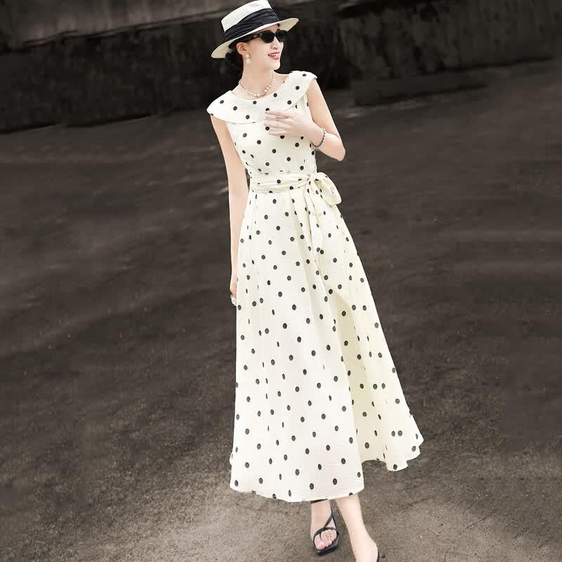 Lanser Elegant Polka Dot V-Neck A-Line Midi Dress