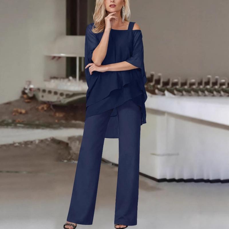 Set Due Pezzi Taglie Forti Manica Pipistrello Orlo Irregolare Top Monospalla e Pantaloni a Gamba Larga