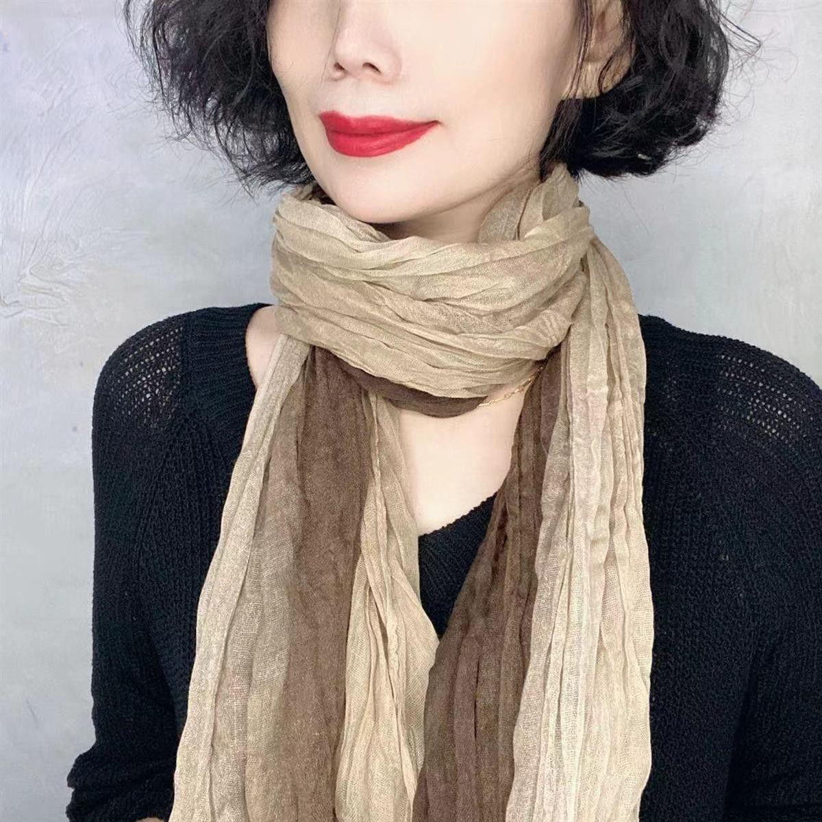 

Cotton and Linen Scarf for Women Spring and Autumn Long Style Retro Pleated Scarf