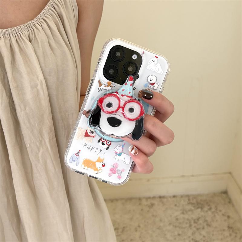 Korean Cute Cartoon Dog Magnetic Stand Phone Case For iPhone 16 Pro 15 14 13 Pro Max Cover for Magsafe Shockproof Kawaii Cases