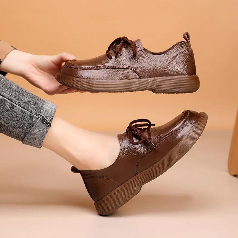 Spring New Women Shoes Genuine Leather Retro Loafers Soft Bottom British Comfortable Lace Up Anti Slip Casual Shoes 2025