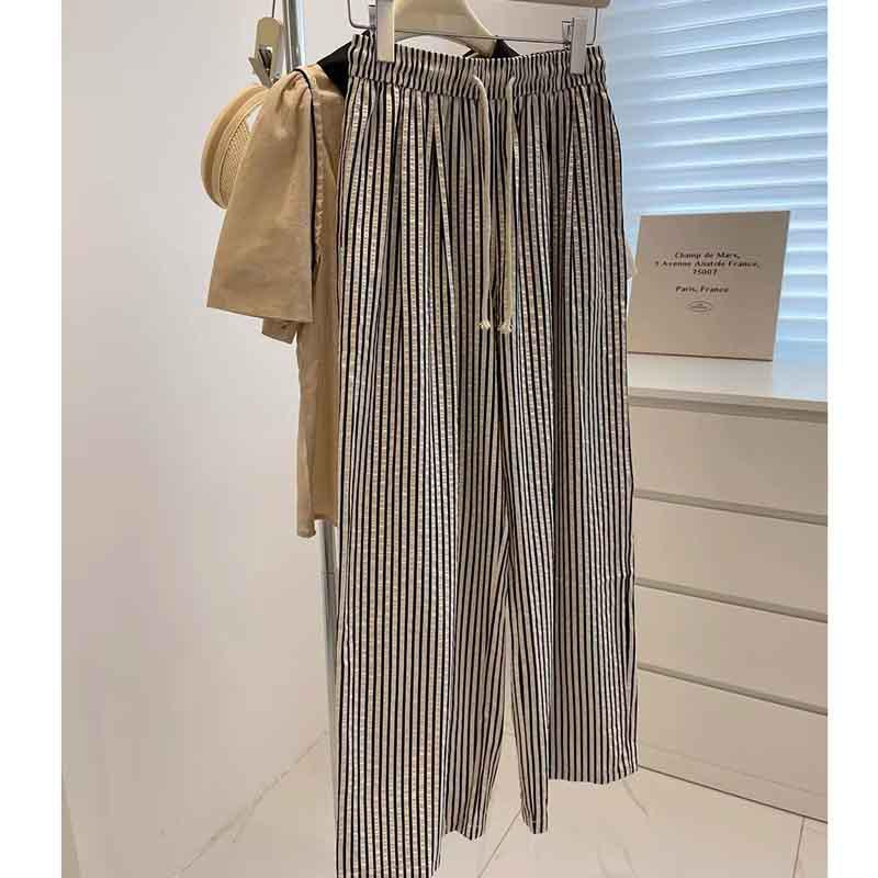 

Petite Vertical Stripe Drawstring Wide-Leg High Waist Slimming Pants - Versatile Elastic Waist Casual Straight-Leg Pants L (For 106-115 lbs)
