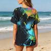 Women Casual Printed Henley Neck Button Front Pocket Short Sleeve Linen Cotton Shirt Blouse Top for Summer