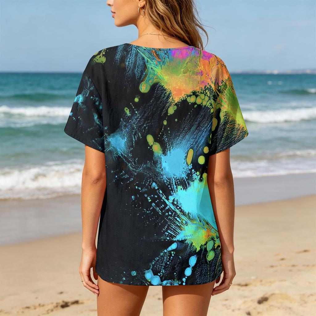 Women Casual Printed Henley Neck Button Front Pocket Short Sleeve Linen Cotton Shirt Blouse Top for Summer